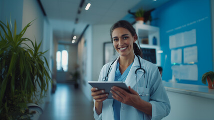 A female doctor stands in a brightly lit medical corridor.