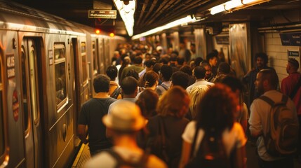 Obraz premium Commuters boarding a crowded subway train during rush hour in a bustling metropolis