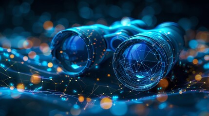 Digital blue binoculars with data streams, artificial intelligence in visual recognition systems, augmented reality applications, object detection algorithms, enhanced surveillance techniques, observa
