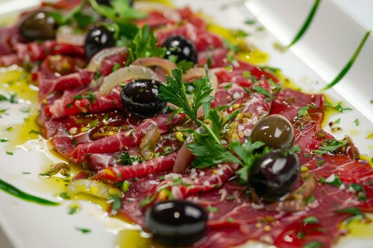 Close up of delicious appetizer with cured meat, black olives and herbs drizzled with olive oil