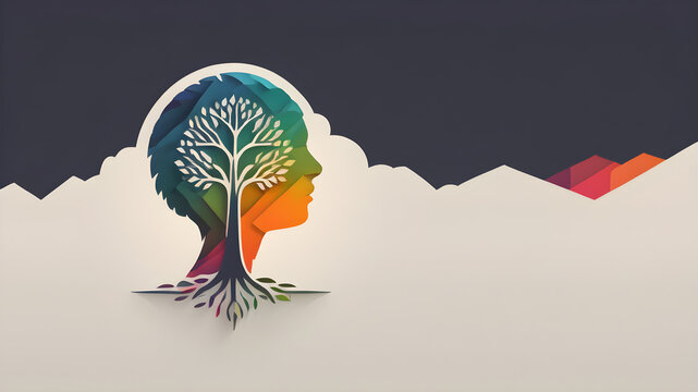 Rectangular logo, head silhouette prominent, seamlessly combined with a geometric tree structure, multicolored leaves representing the brain with a tri-color scheme, Generative AI