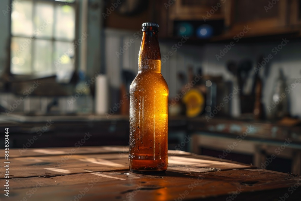 Poster refreshing image of a cold beer bottle with condensation, standing on a wooden table in a warm and i
