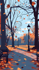 A serene autumn park path lined with benches, illuminated by street lamps, and covered in falling leaves, creating a peaceful fall atmosphere.