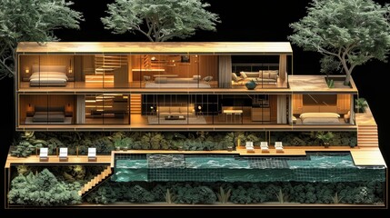 Obraz premium Isometric floor plan of a beachfront bungalow, black background, teal line, ocean view, serene