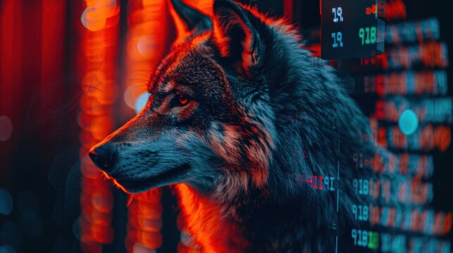 A wolf in profile view with a background of stock market data, illustrating the blend of nature and technology in a vibrant, neon-lit environment.