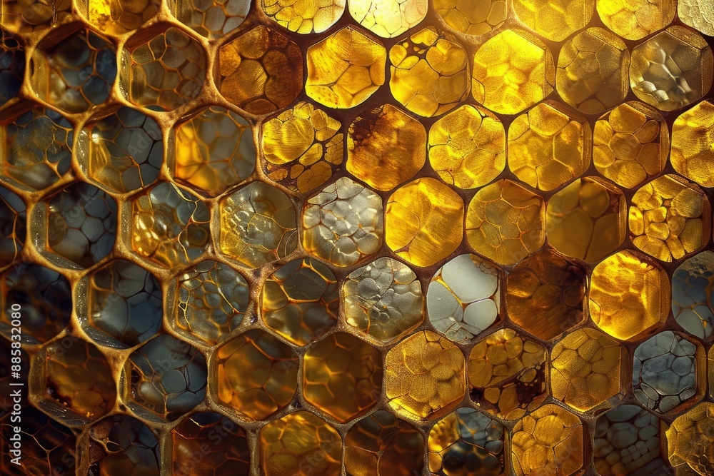 Poster close up of honeycomb with backlight shining through, showing the texture of the cells