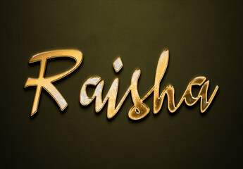 Old gold text effect of Hindi name Raisha with 3D glossy style Mockup.