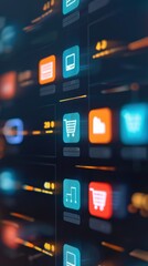 Obraz premium Abstract close-up of digital shopping icons on a screen, illustrating the concept of online shopping and e-commerce technology.