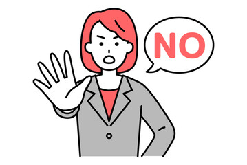 右手を前に出してNOと言うスーツの女性