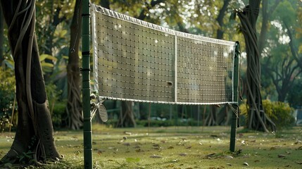 Empty badminton court in a peaceful park surrounded by tall trees and lush greenery under the golden sunlight.