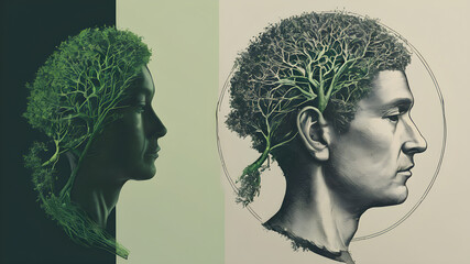  A calm profile of a head that symbolizes psychology, entwined with a serene green tree growing from the brain. Generative AI