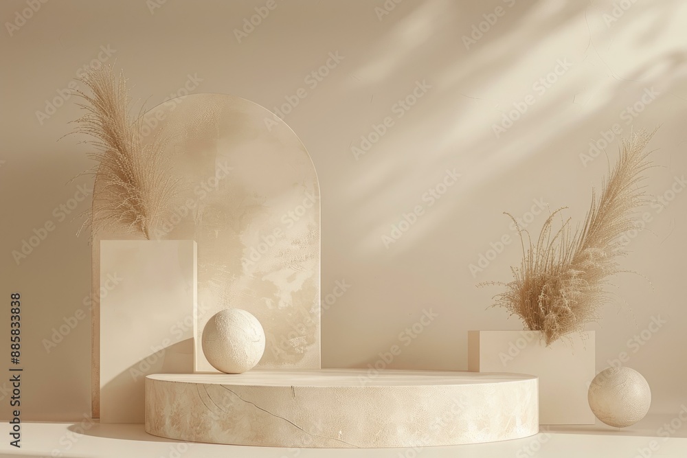 Poster minimalistic showcase scene with geometric shapes on a beige background for product presentation