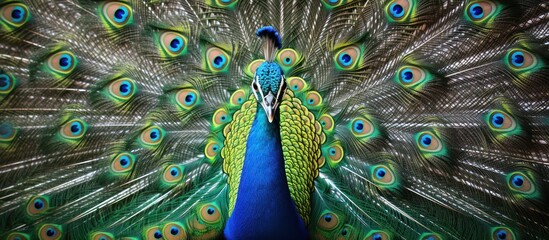 Obraz premium Peacock with Fan of Feathers Displaying Iridescent Colors
