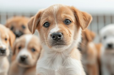 Adorable group of puppies with various facial expressions, focusing on a cute brown and white puppy looking directly at the camera.