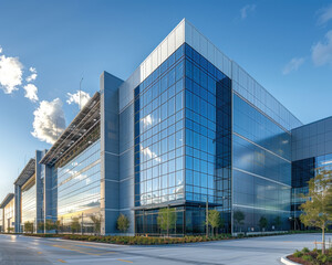 Fototapeta premium Futuristic EV Manufacturing Plant Exterior with Modern Architecture and Clean Energy Infrastructure