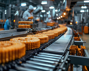 Modern Food Processing Plant: Workers in Protective Gear Operating Machinery for Packaged Food Production