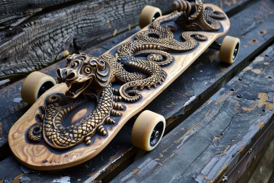 Wooden skateboard with a carved dragon is lying on rustic wooden planks in a workshop