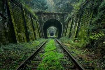 Railroad tracks disappearing into the distance with a dark tunnel at the end and green moss growing over everything