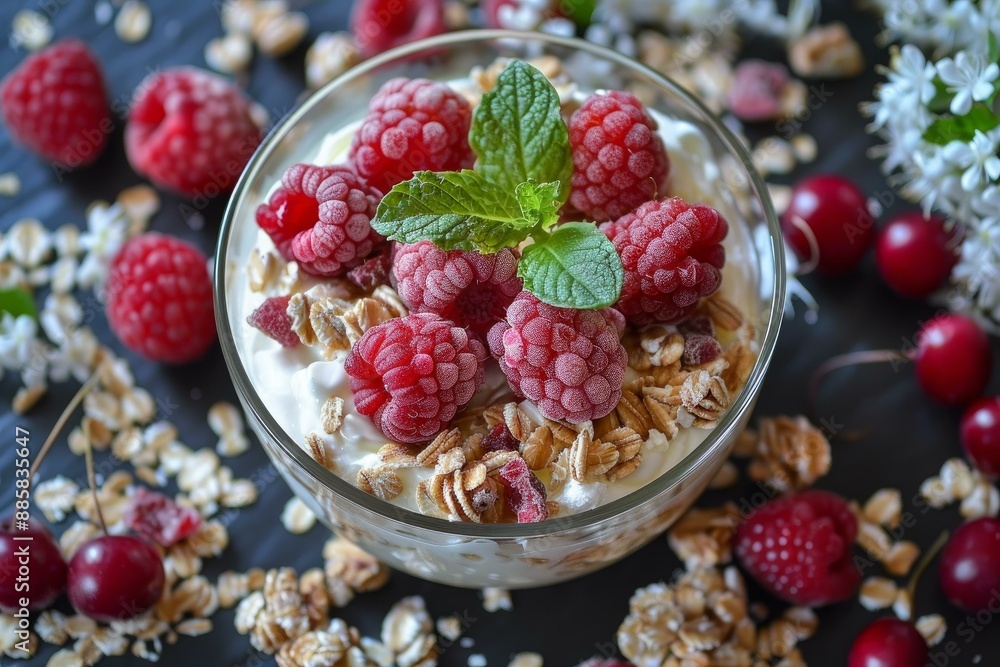 Poster glass filled with yogurt, topped with frozen raspberries, granola, and mint, surrounded by raspberri