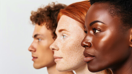 Obraz premium side profile photo of a diverse group of people with different skin tones, on light grey background