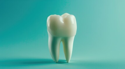 A single tooth sits on a blue background