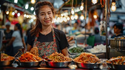 Fototapeta premium A street food vendor preparing delicious local delicacies at a bustling market in Asia