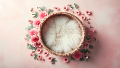 Newborn baby photography basket. Background for newborn baby with pink flowers.Green Wreath Digital Newborn Backdrop