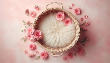 Newborn baby photography basket. Background for newborn baby with pink flowers.Green Wreath Digital Newborn Backdrop