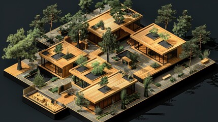 Fototapeta premium Isometric floor plan of a serene wellness center, black background, soft pink line, healing spaces, calming
