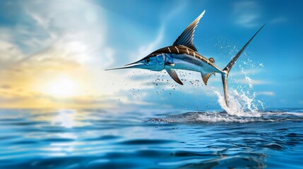 Fototapeta premium sailfish jumping over blue sea water 