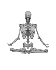 skeleton is doing a relaxing namaste yoga pose in rear pose