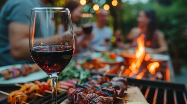 Diverse friends at garden bbq   multiracial family dining at backyard party, wine glass focus