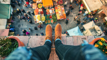 A photograph of a person's feet in brown shoes standing on the edge of a rooftop garden, looking down at a bustling market below