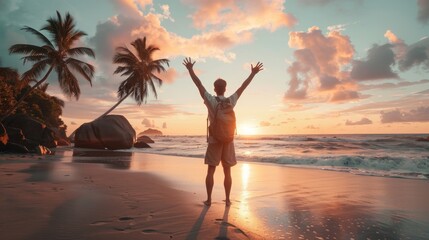 Fototapeta premium Traveler at sunrise on beach wellness and self care lifestyle with man enjoying morning light