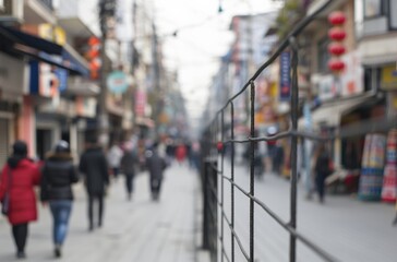 Fototapeta premium Blurred image of a busy city street with various shops and pedestrians, capturing urban life and the hustle and bustle of daily activities.