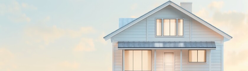 Obraz premium Bright and cozy suburban house with large windows against a soft sky background, showcasing modern architectural design.