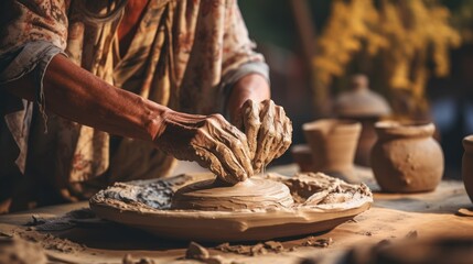 Potter hands skillfully molding clay, delicate art of pottery, fingers shaping and transforming raw material into work of art, emphasizing connection between artist, creation in timeless craft