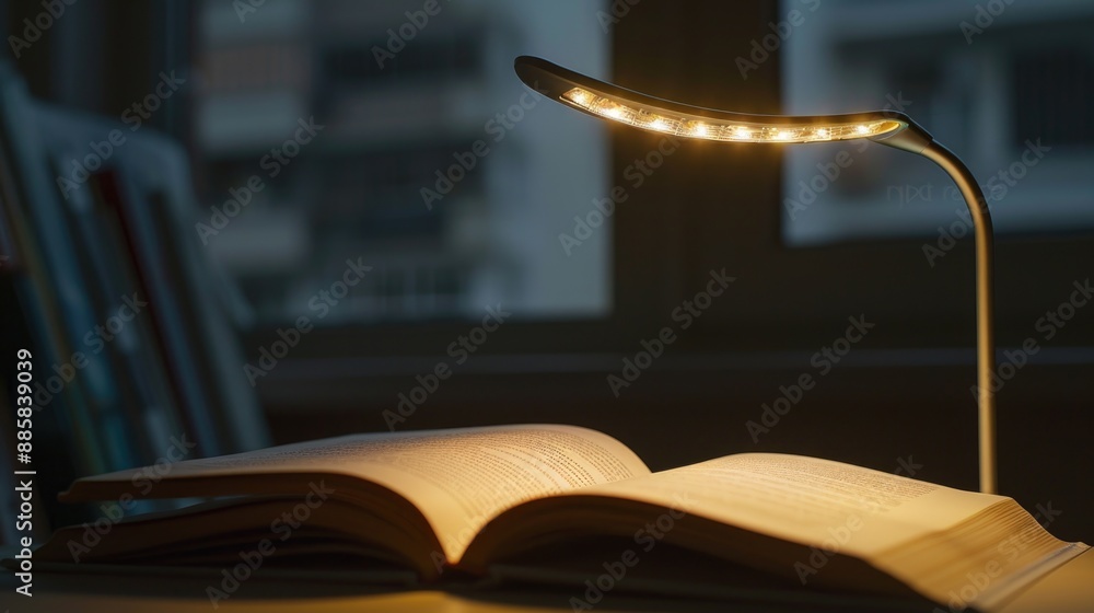 Poster an open book lying on a table beside a lamp, providing soft illumination