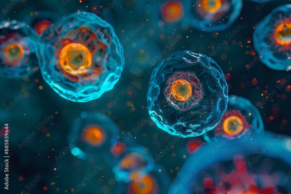 Poster microscopic view of cells dividing and multiplying, creating a network of biological material