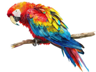 Obraz premium Vibrant Scarlet Macaw Perched on Branch with Colorful Feathers on White Background