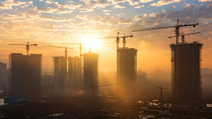 The construction site of a large residential complex with several high-rise buildings under construction.