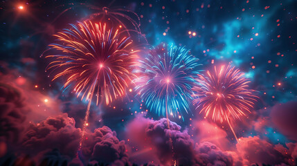 A vibrant explosion of fireworks in the night sky, Colorful fireworks lit up the night sky, with red and blue colors. background. 4th july
