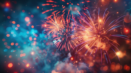 Fototapeta premium A vibrant explosion of fireworks in the night sky, Colorful fireworks lit up the night sky, with red and blue colors. background. 4th july 