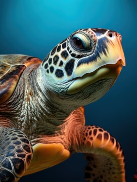 Close-up of a beautiful sea turtle swimming underwater, showcasing its intricate shell pattern and serene expression against a blue background.