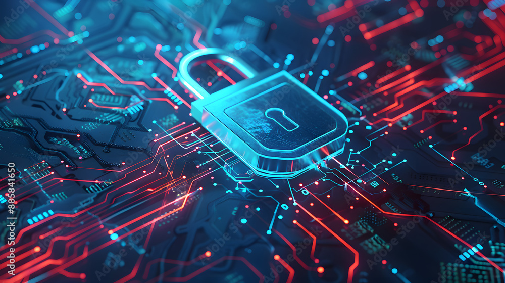 Poster digital illustration cybersecurity concept padlock symbol high-tech circuit board technology data pr