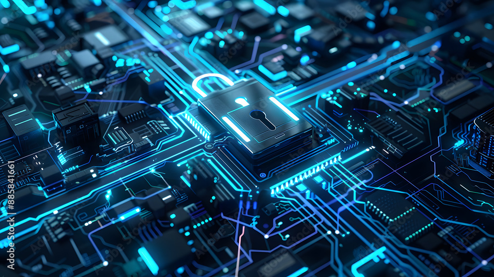 Poster digital illustration cybersecurity concept padlock symbol high-tech circuit board technology data pr