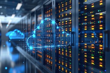 Obraz premium Data Center Servers With Cloud Computing Symbol
