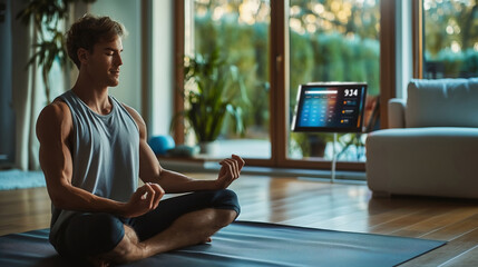 a young man is doing yoga in the living room with a fitness application monitor next to him