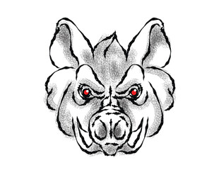 Black and white illustration of a wild boar head with red eyes, looking intensely