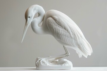 White heron sculpture with its neck bent standing on a rock